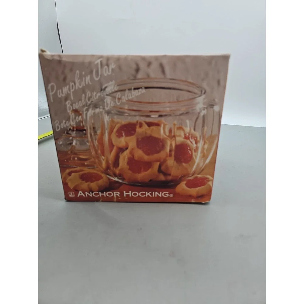 Vintage Dunkin Donuts Anchor Hocking Glass Pumpkin Candy Jar w/ Lid‎ Box Fall